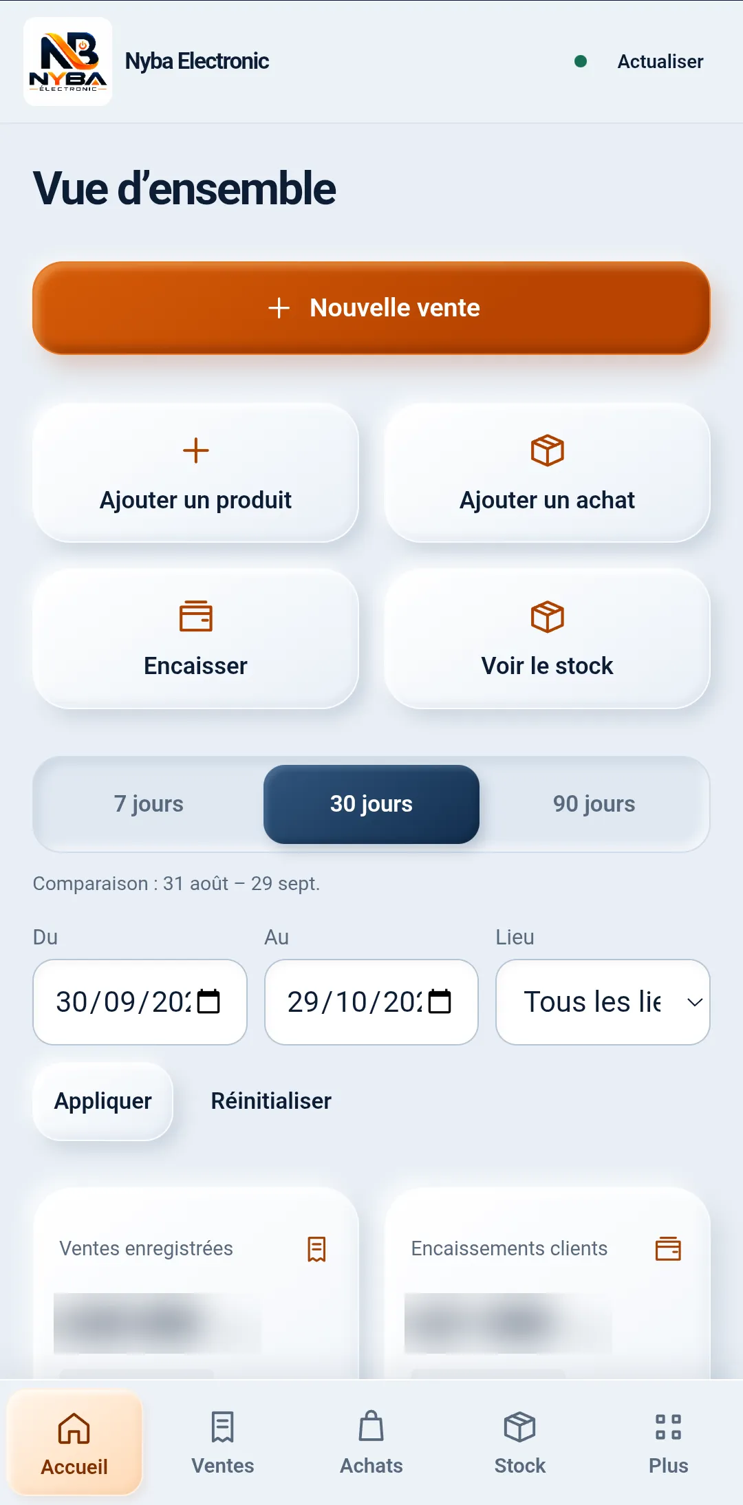 Tableau de bord de l'application de gestion de stock de Nyba Electronic (montants floutés)