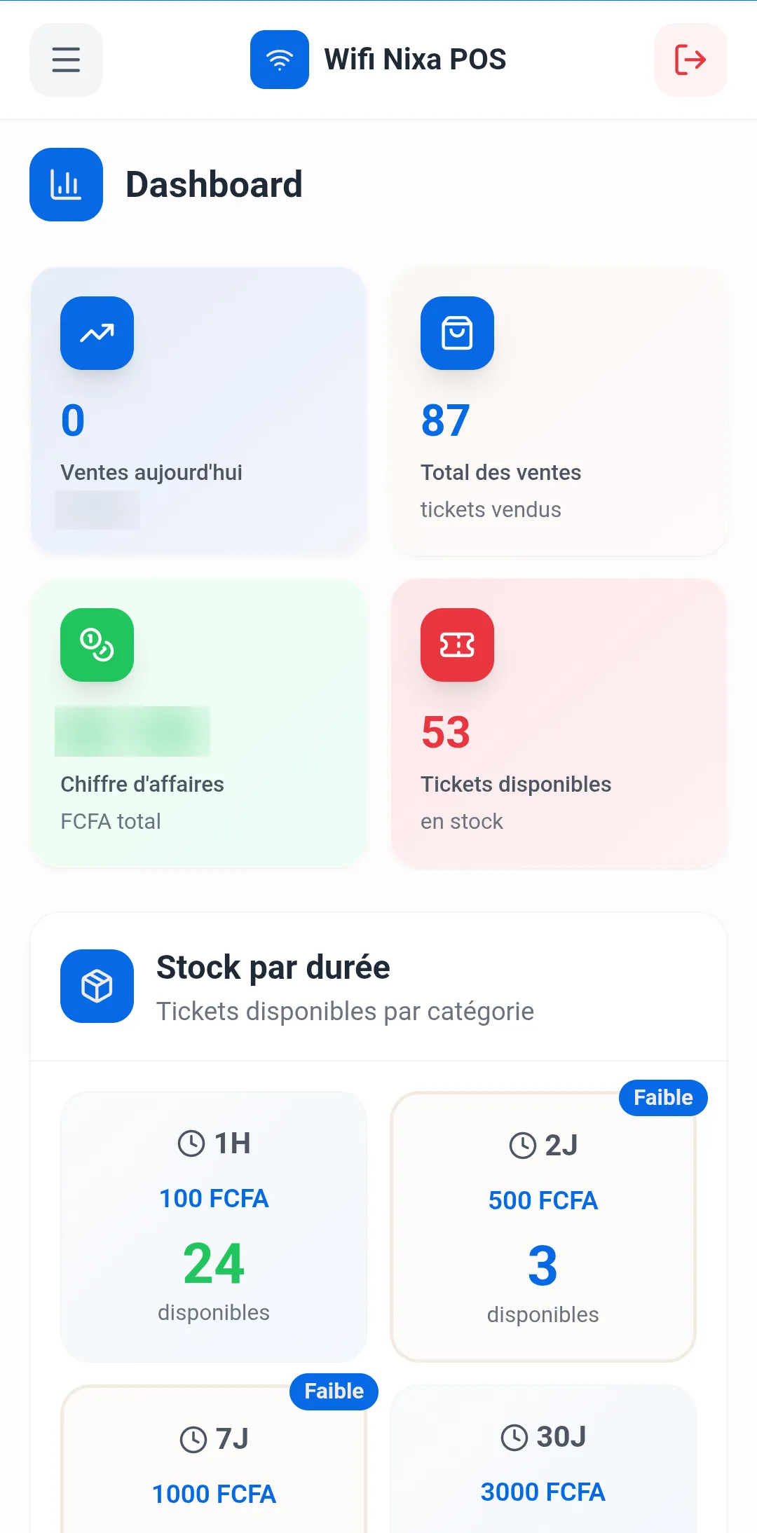 Tableau de bord de l'application Wifi Nixa POS (montants floutés)